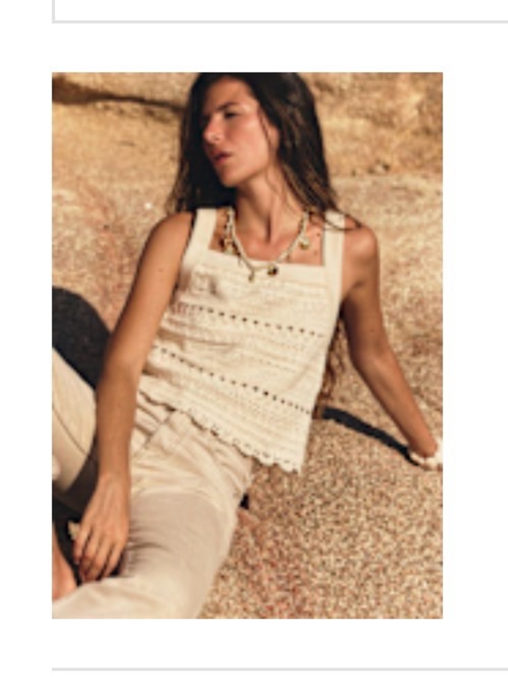 Sezane Cream Crochet Square-Strap Tank